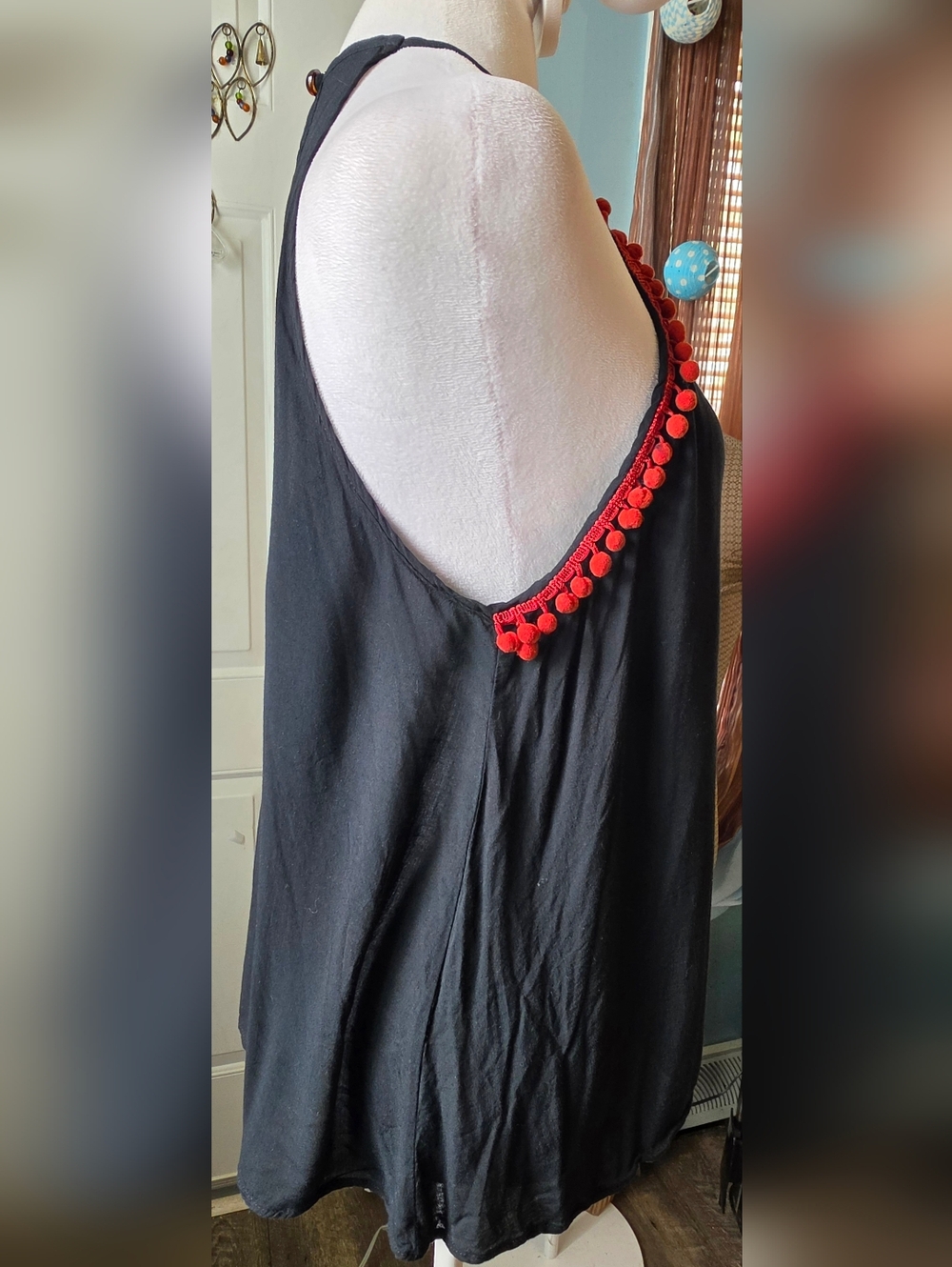 Y2K Vintage Halter Swing Tank Womens L Black w Red Pom-Trim Dark Boho Lightweigh - Picture 5 of 9